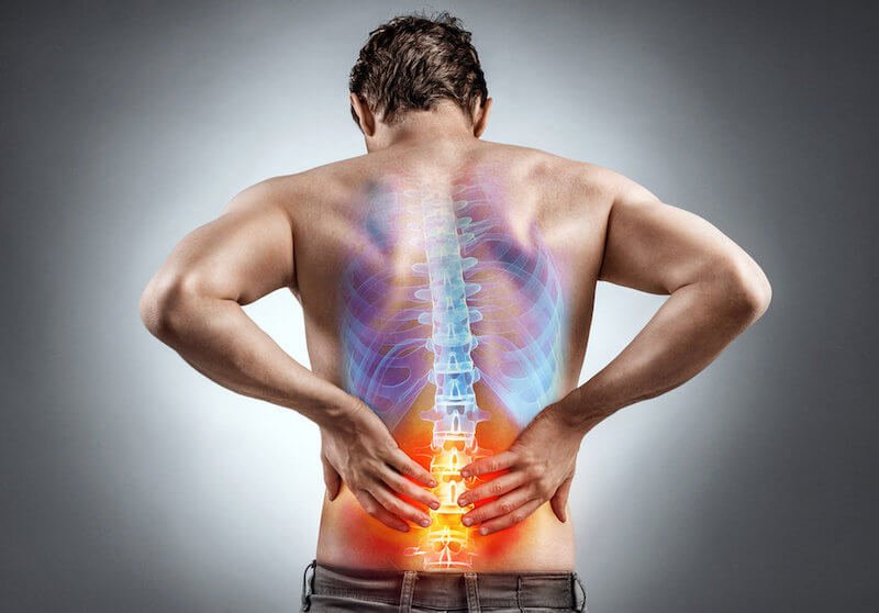 illustration of guy with back pain with illuminated red lower back and blue upper back