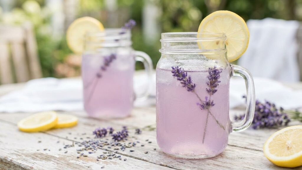 Lavender lemonade in mason jars with lemon slices and fresh lavender sprigs on a bright surface