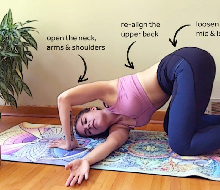 woman in thread the needle pose demonstrating a pose to relieve pain in your back