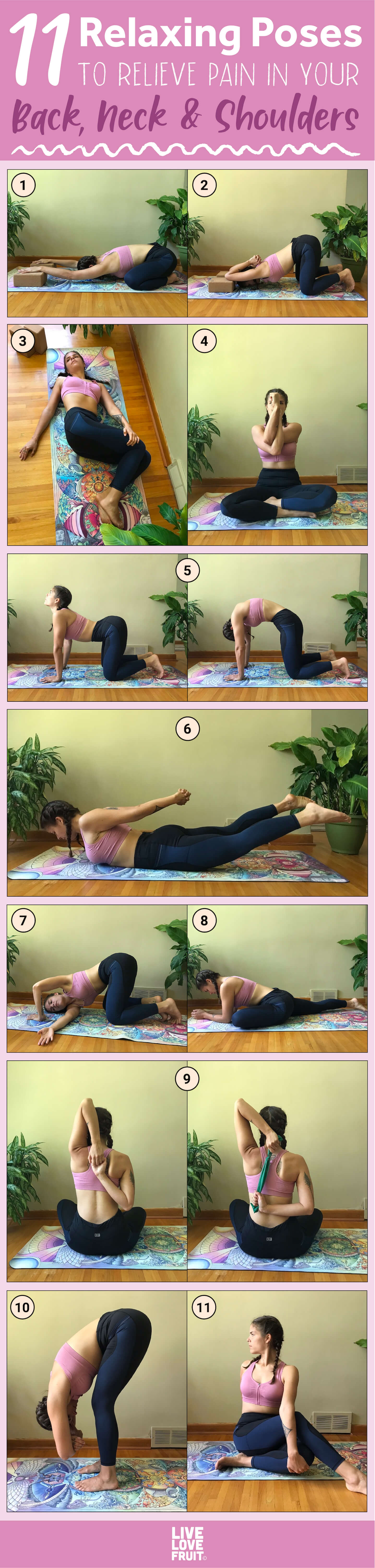 A series of different stretches to help relieve back and shoulder pain with text - 11 relaxing poses to relieve pain in your back, neck and shoulders