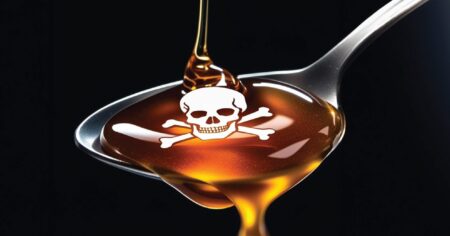 A close-up of a shiny silver spoon filled with golden syrup, with a skull and crossbones symbol reflected in the liquid, warning of hidden danger.