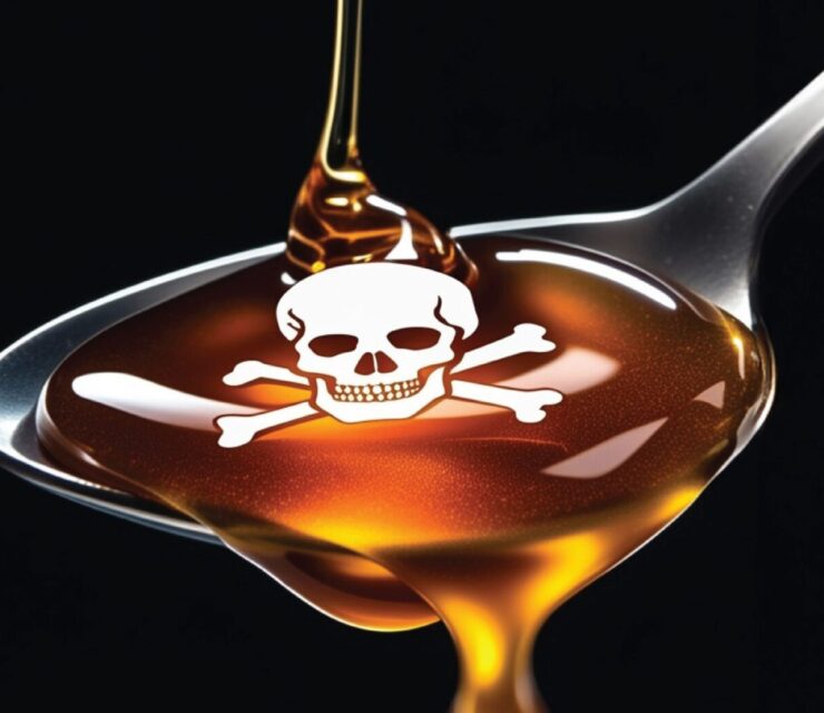 A close-up of a shiny silver spoon filled with golden syrup, with a skull and crossbones symbol reflected in the liquid, warning of hidden danger.