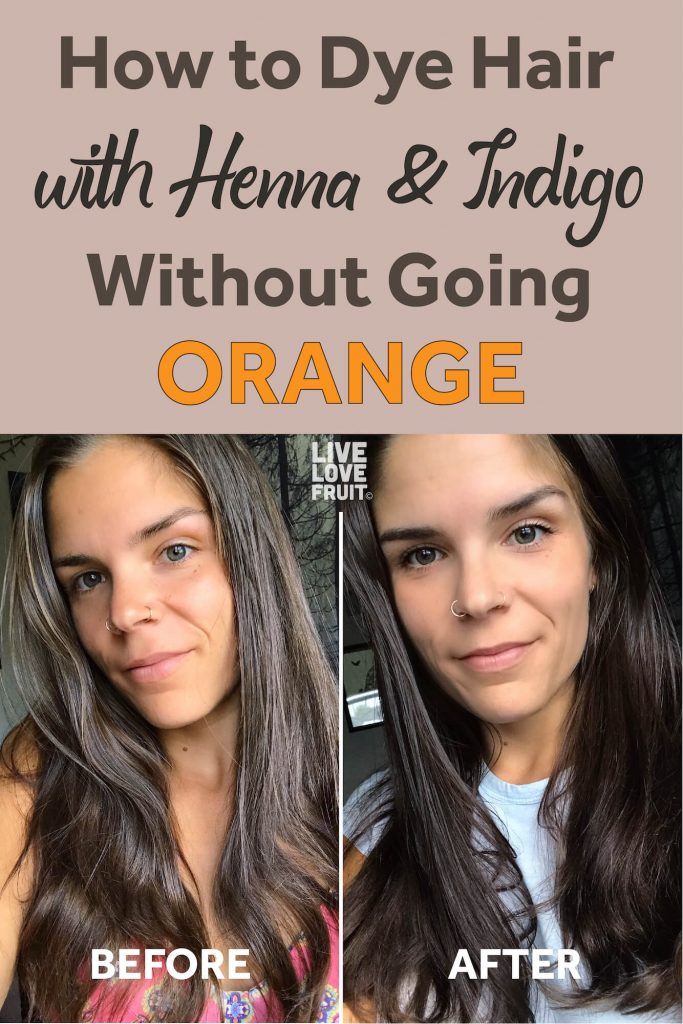 Image of girl before and after using henna hair dye demonstrating how it helps darken hair with text - how to dye your hair with henna and indigo without going orange