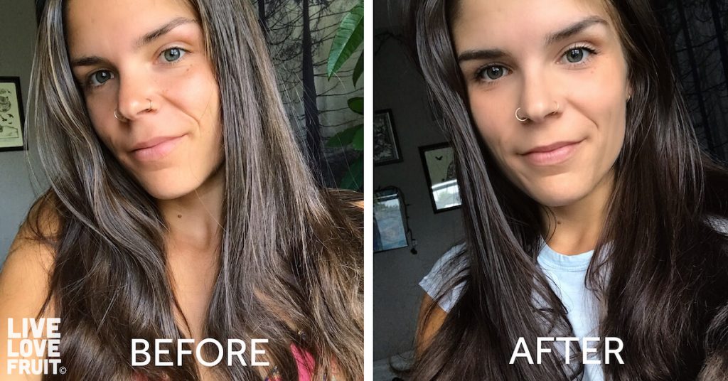 comparison of hair before and after dying with henna and indigo. Lighter hair on the left and darker brown hair on the right.