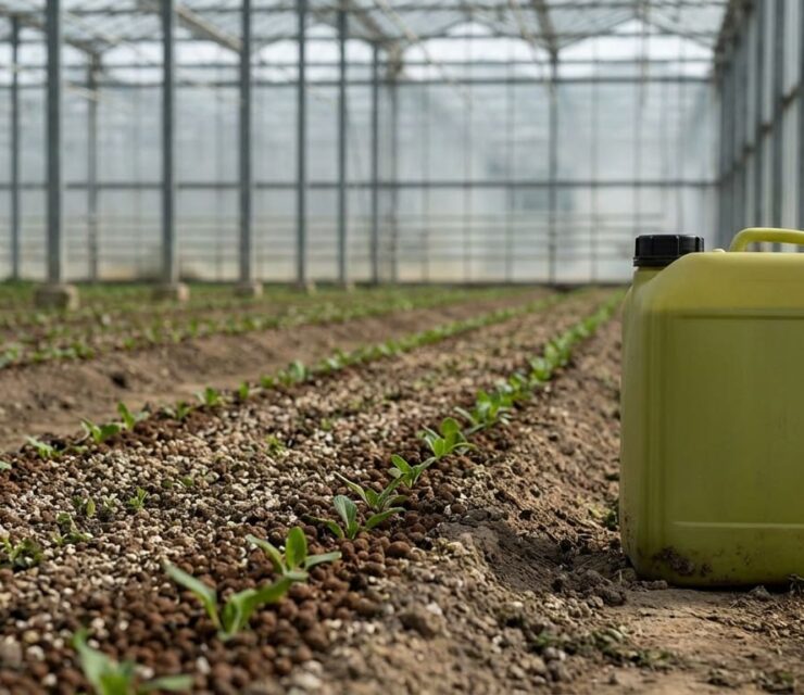 Photorealistic editorial-style image showing a large industrial hydroponic greenhouse farm in the background, rows of soil or growing medium in the foreground. A generic, unlabeled yellow-green herbicide container with no branding is placed prominently on the right side of the image.