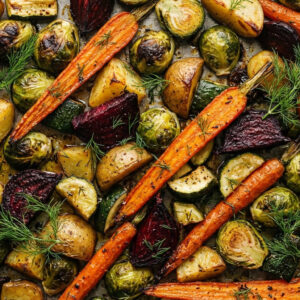 Bright roasted mixed vegetables with carrots, Brussels sprouts, beets, and potatoes on a sheet pan