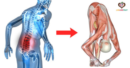 anatomy of man with back pain and then stretching into forward fold