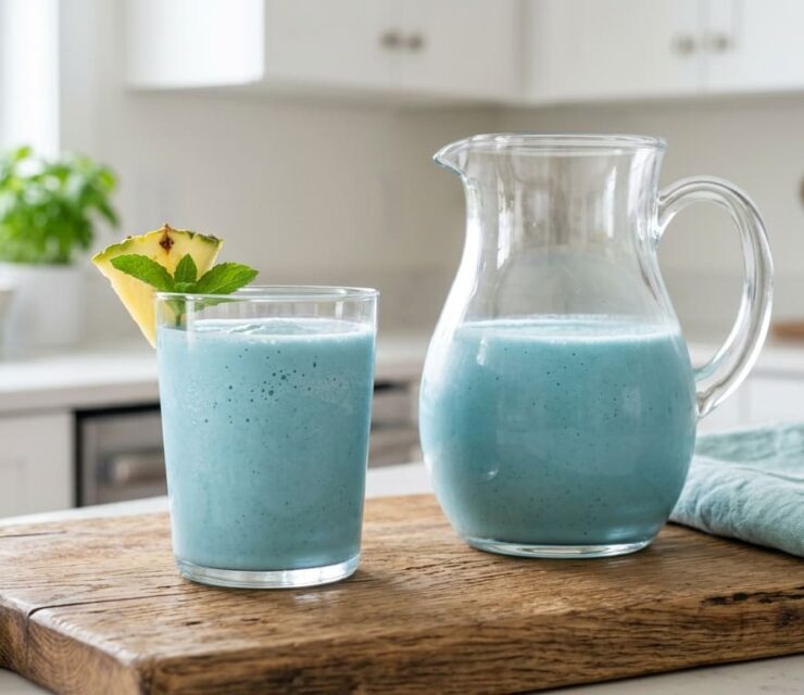 Blue spirulina smoothie in a glass and pitcher with pineapple garnish on a wooden board in a bright kitchen