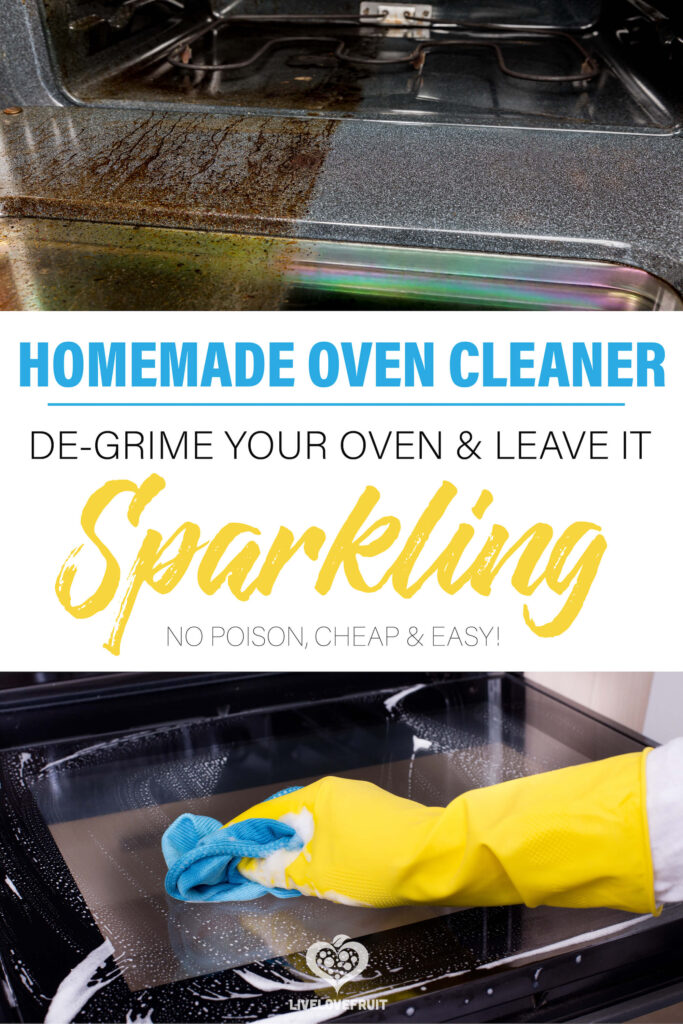 close-up of dirty ovens beind cleaned with text - homemade oven cleaner: de-grime your oven and leave it sparkling. No poison, cheap and easy.
