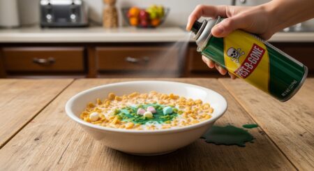 bowl of cereal being sprayed with pesticide