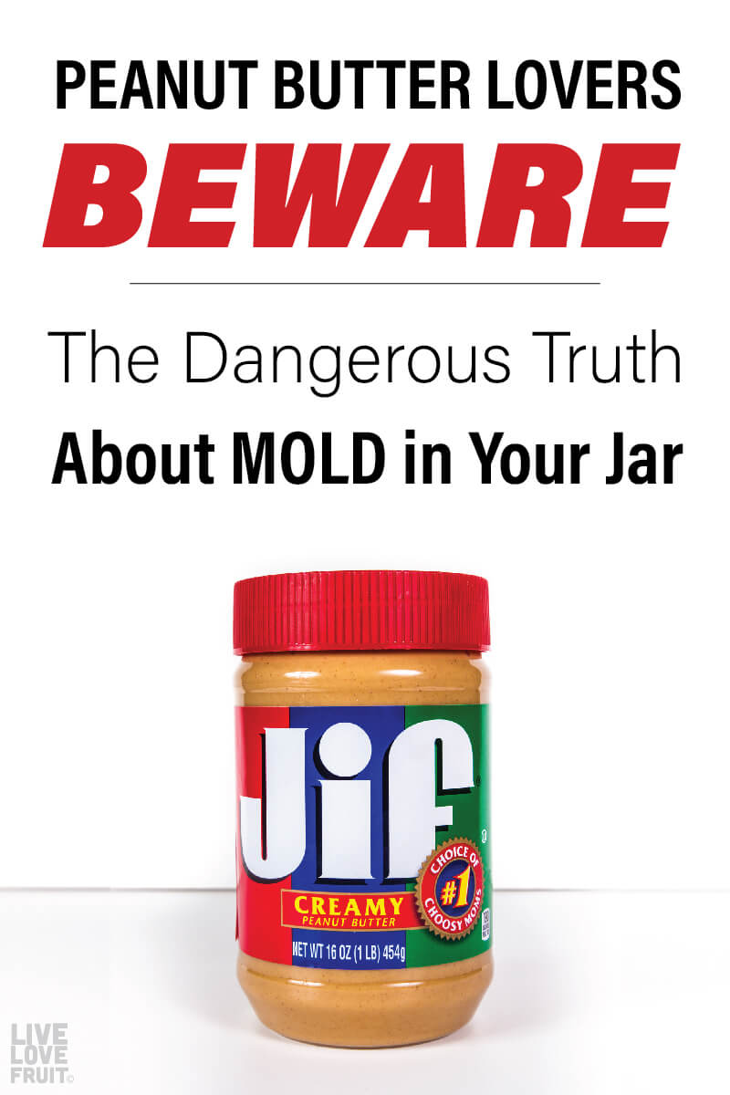 A jar of JIF peanut butter on a white background with text - 'peanut butter lovers beware: the dangerous truth about MOLD in your jar'