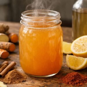 Ultra-realistic food and wellness photography, natural daylight. Clear glass mason jar filled with a warm golden-orange homemade tonic, slightly cloudy liquid, realistic texture. Ingredients arranged naturally around the jar on a rustic wooden kitchen surface: fresh ginger root slices, fresh turmeric root, lemon halves and slices, ground cinnamon and cinnamon sticks, cayenne pepper powder, small bowl of maple syrup, unbranded glass bottle of apple cider vinegar with label turned away, and a clear glass of water. Soft steam rising gently from the drink.