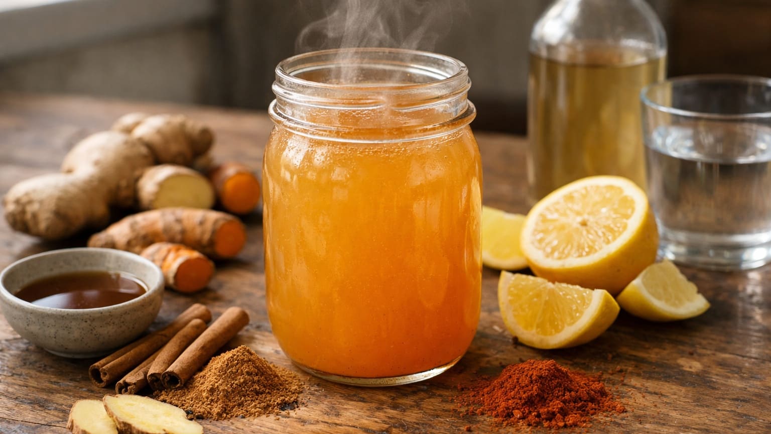 Ultra-realistic food and wellness photography, natural daylight. Clear glass mason jar filled with a warm golden-orange homemade tonic, slightly cloudy liquid, realistic texture. Ingredients arranged naturally around the jar on a rustic wooden kitchen surface: fresh ginger root slices, fresh turmeric root, lemon halves and slices, ground cinnamon and cinnamon sticks, cayenne pepper powder, small bowl of maple syrup, unbranded glass bottle of apple cider vinegar with label turned away, and a clear glass of water. Soft steam rising gently from the drink.
