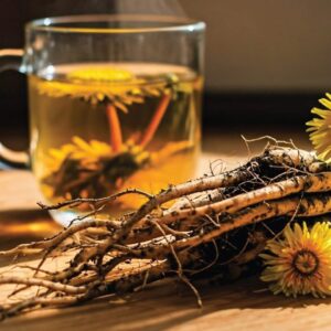 Fresh dandelion roots with soil on a wooden kitchen counter beside a glass mug of steaming dandelion root tea, with scattered yellow flowers and leafy greens, bathed in warm natural sunlight.