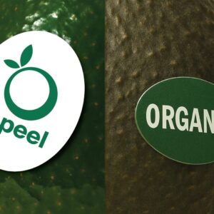 image of two avocados side by side, one with apeel label, one with organic label