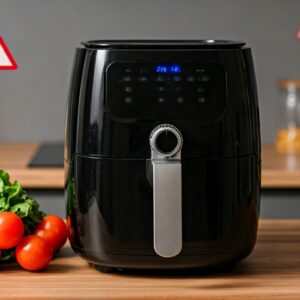 Modern kitchen scene with an air fryer on a countertop, surrounded by fresh vegetables. Overlay of subtle red warning icons (exclamation marks, hazard signs) and faint chemical symbols in the background to suggest hidden dangers.