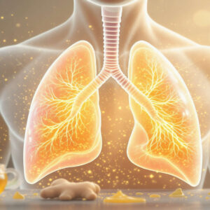 Ultra-realistic medical-wellness illustration of healthy human lungs clearing mucus naturally — lungs glowing with clean air, bronchial tubes shown in transparent 3D detail with mucus dissolving into light particles. Surrounded by natural healing elements like eucalyptus leaves, ginger root, lemon, honey, steam vapor, and herbal teas. Photorealistic lighting, high detail, modern medical-wellness aesthetic.