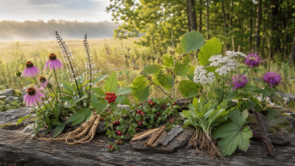 Echinacea, cranberry, yarrow, bee balm and other North American medicinal plants arranged against a sunlit prairie and woodland.