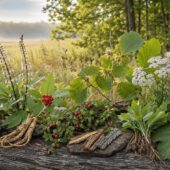 Echinacea, cranberry, yarrow, bee balm and other North American medicinal plants arranged against a sunlit prairie and woodland.