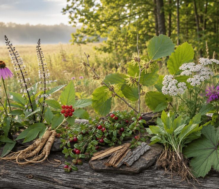 Echinacea, cranberry, yarrow, bee balm and other North American medicinal plants arranged against a sunlit prairie and woodland.