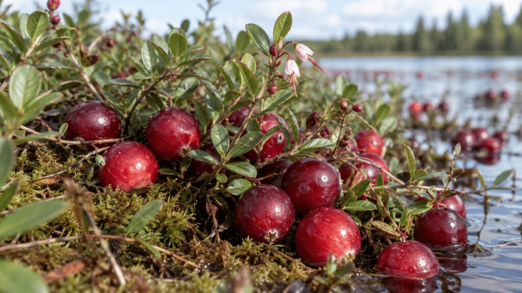 Close-up of ripe red American cranberries (Vaccinium macrocarpon) growing among low green vines in a natural wetland setting.