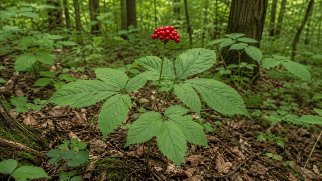 American ginseng (Panax quinquefolius) growing in a shaded woodland, with palmately arranged green leaves and a cluster of bright red berries.