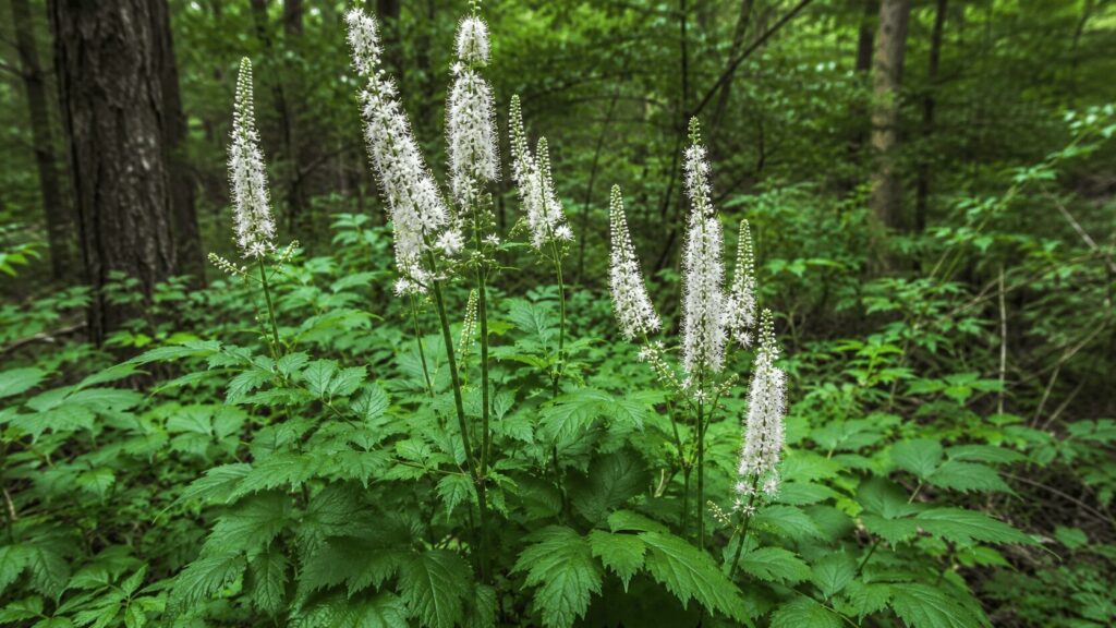 Black cohosh (Actaea racemosa) with tall white flower spikes rising above broad green leaves in a shaded woodland setting.