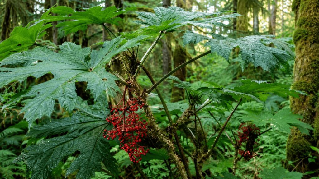 Devil’s club (Oplopanax horridus) with large spiny stems, broad lobed green leaves, and clusters of bright red berries growing in a forest understory.