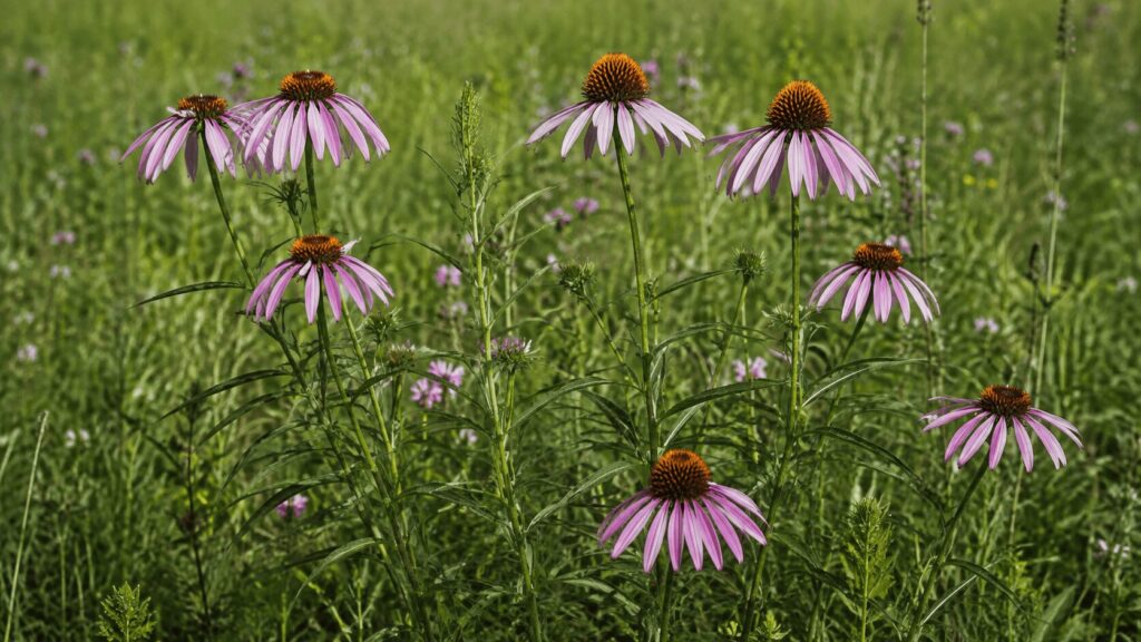 Narrowleaf purple coneflower (Echinacea angustifolia) with pink-purple petals surrounding raised orange-brown centres in a sunny prairie meadow.