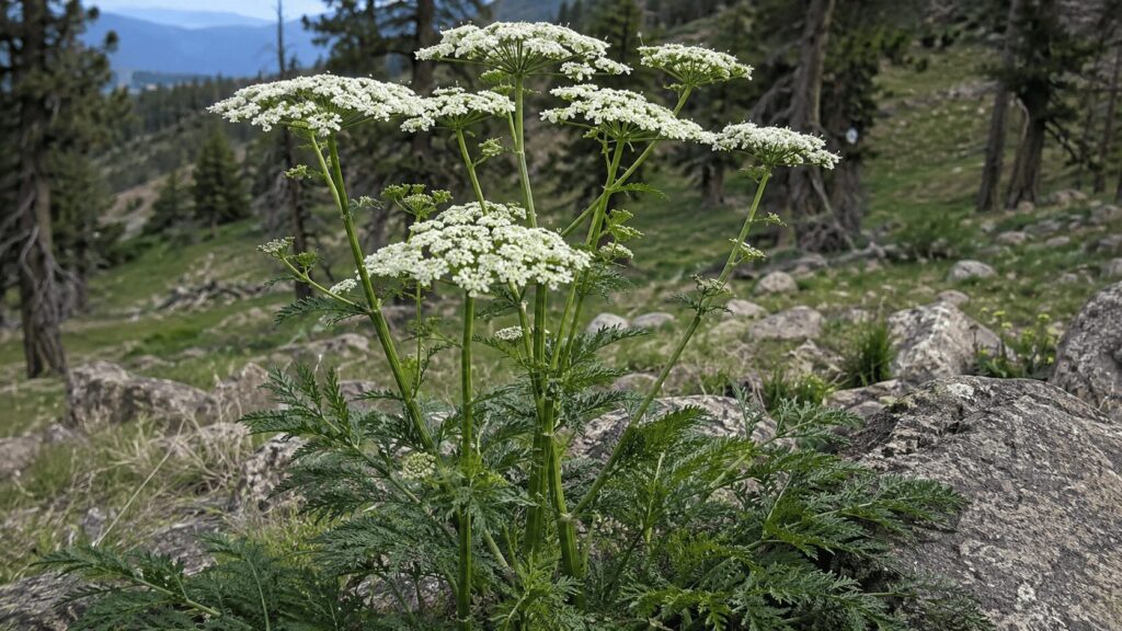 Oshá or bear root (Ligusticum porteri) with finely divided green leaves and white umbrella-shaped flower clusters growing in a rocky mountain meadow.