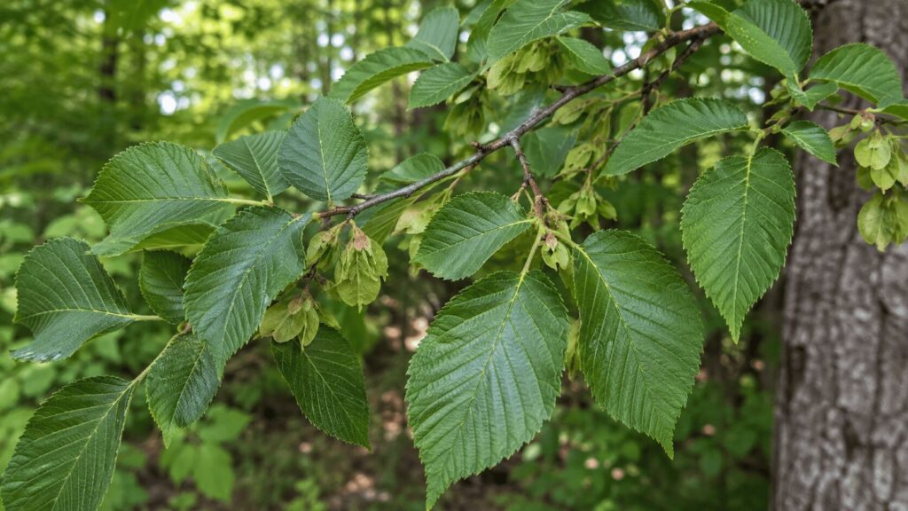 Slippery elm (Ulmus rubra) branches with broad, serrated green leaves and clusters of pale winged seeds in a woodland setting.